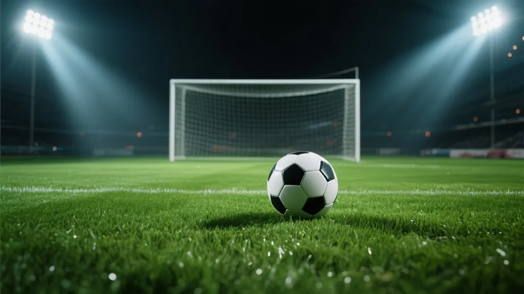 足球场特写，绿茵草地，聚光灯照亮球门，足球在草地上，充满竞技张力和戏剧感